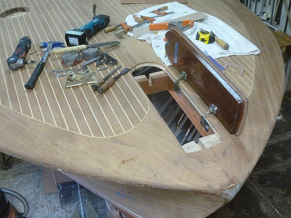 Note new framing below deck for anchor locker, and new lid, show in vertical (open) position
