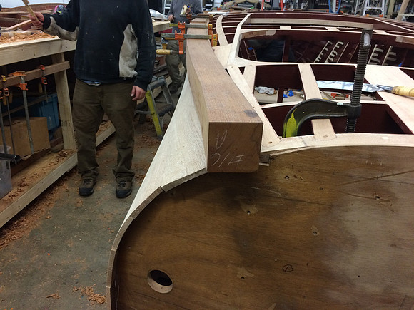 Aft covering board "log" being fit